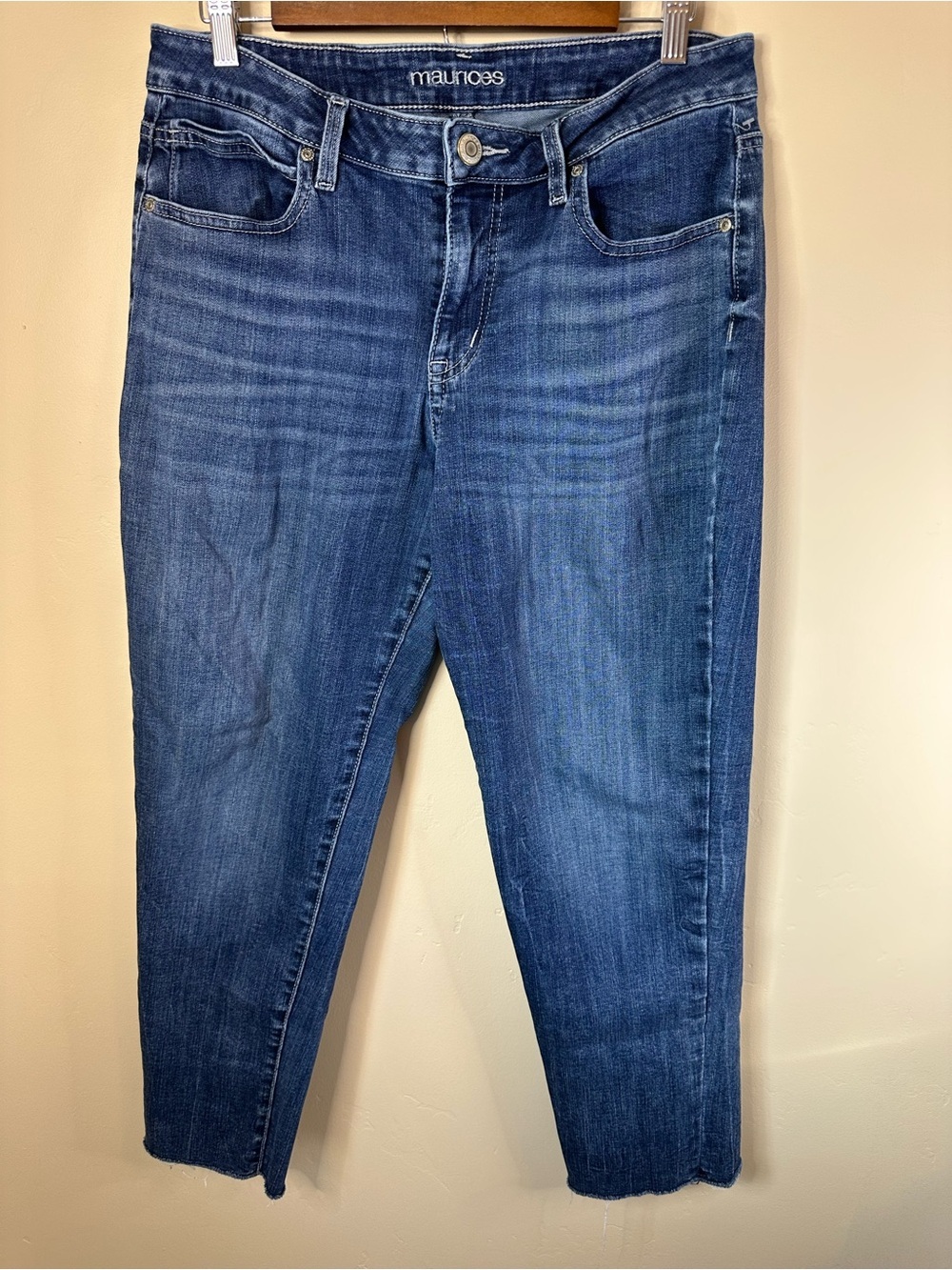 Maurices Women’s 12 Dark Blue Cropped Raw Hem Straight‑Leg Stretch Jeans